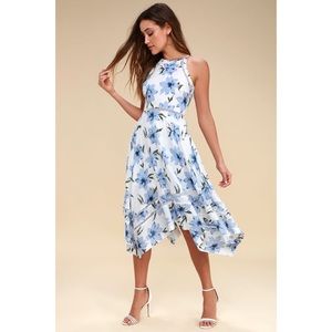 NEW Zahara Blue and White Floral Print Midi Dress